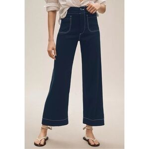 Anthropologie The Colette Linen Crop Wide Leg Pants Maeve Navy Blue Contrast 24